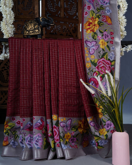 Dola silk sarees with checks and floral print border - Maroon