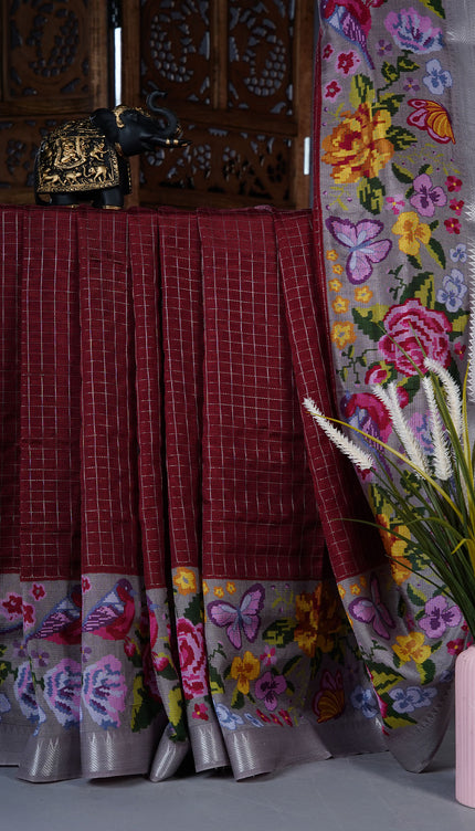 Dola silk sarees with checks and floral print border - Maroon