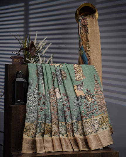 Tusser Kalamkari with Kanchi Border- Sage Green