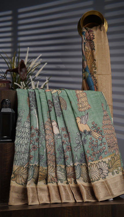 Tusser Kalamkari with Kanchi Border- Sage Green
