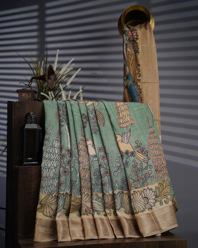 Tusser Kalamkari with Kanchi Border- Sage Green