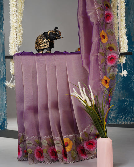 Soft tissue Organza saree with Thread work and scallop border - Lavender
