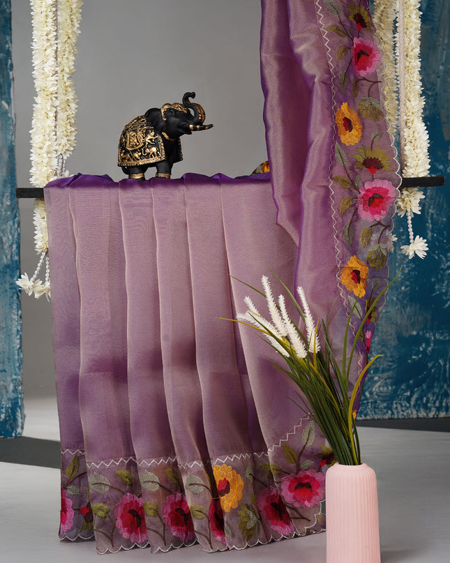 Soft tissue Organza saree with Thread work and scallop border - Lavender