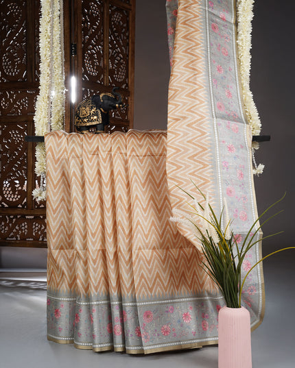 Tusser Silk Saree with Floral Print Border - Mustered
