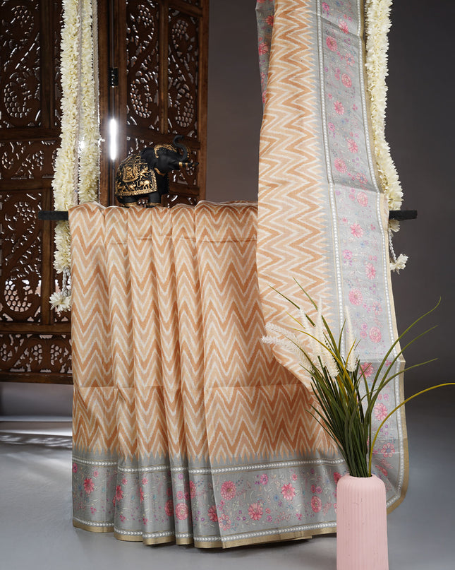 Tusser Silk Saree with Floral Print Border - Mustered