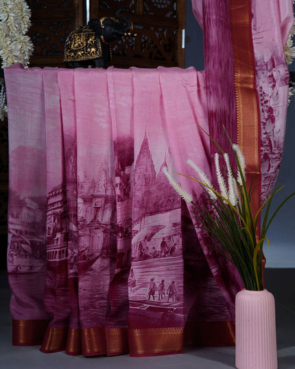 Muslin silk saree with Abstract Digital Printed and golden border - Wine