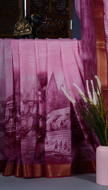 Muslin silk saree with Abstract Digital Printed and golden border - Wine