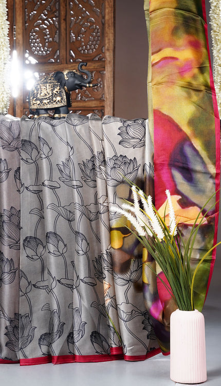 Crepe Saree with Floral Print- Grey