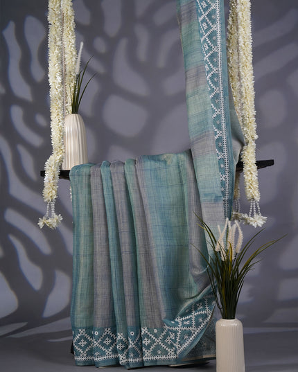 Tissue Lenin Saree with Thread Work Border- Sea Blue
