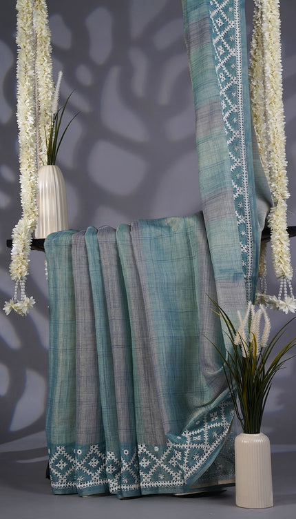 Tissue Lenin Saree with Thread Work Border- Sea Blue