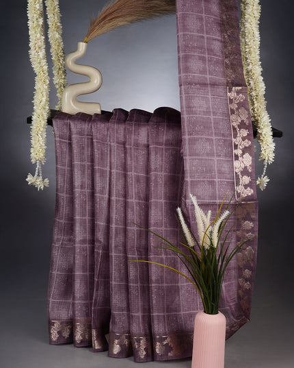 Kota Silk Saree With Floral Print and Gold Zari Border - Light Lavender