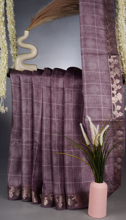 Kota Silk Saree With Floral Print and Gold Zari Border - Light Lavender