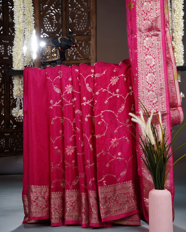 Banaras Silk Saree With Allover Meenakari Weaving And Gold Border- Rani Pink