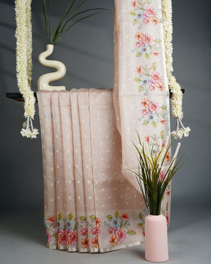 Kota Silk Sarees with Thread Work Butties and Floral Border- Beige