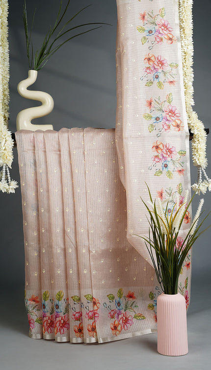 Kota Silk Sarees with Thread Work Butties and Floral Border- Beige