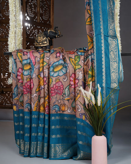 Binny crepe saree kalamkari print with contrast border - Light Rust