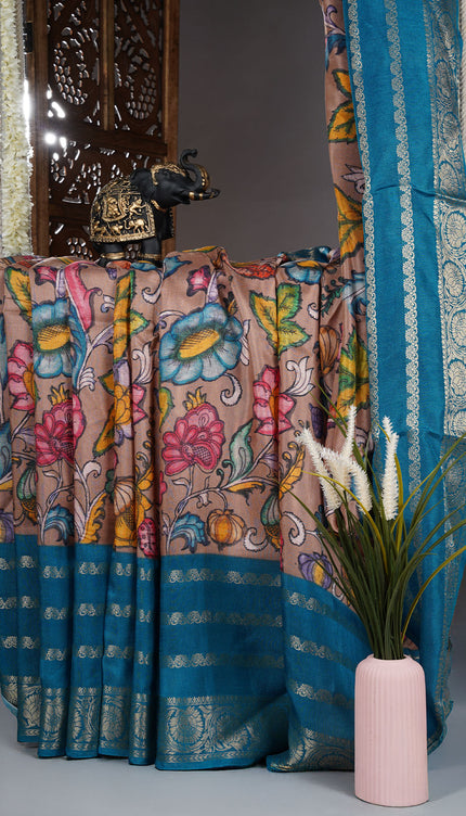 Binny crepe saree kalamkari print with contrast border - Light Rust