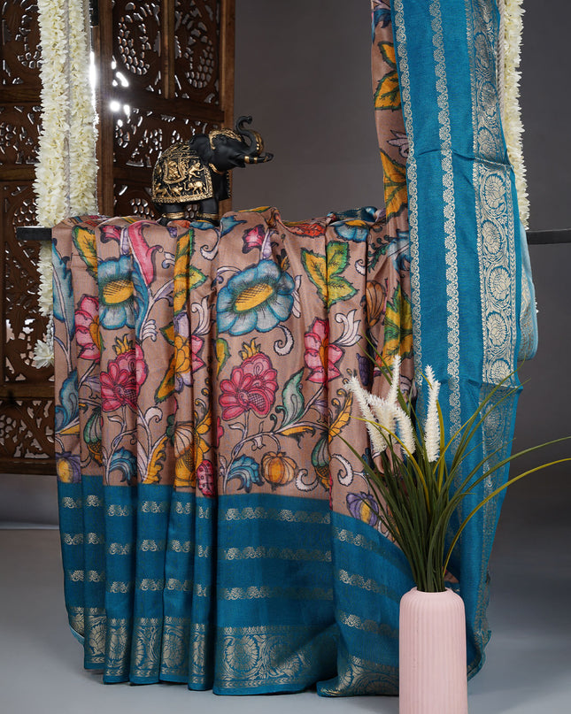 Binny crepe saree kalamkari print with contrast border - Light Rust