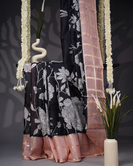 Kota Silk Saree with Floral Print and Contrast Border- Black and Peach