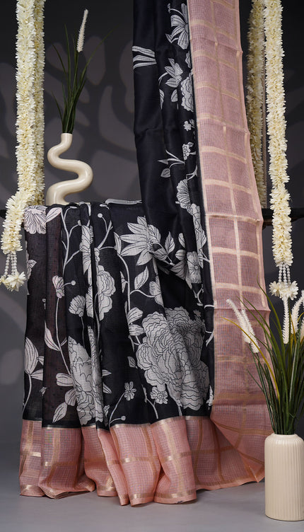 Kota Silk Saree with Floral Print and Contrast Border- Black and Peach