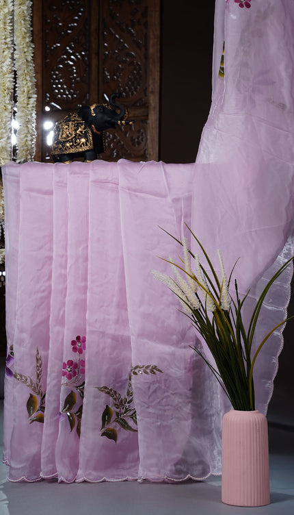 Italian Crape Saree with floral print and Kardana  Pearl Work With Scallop Border - Baby Pink