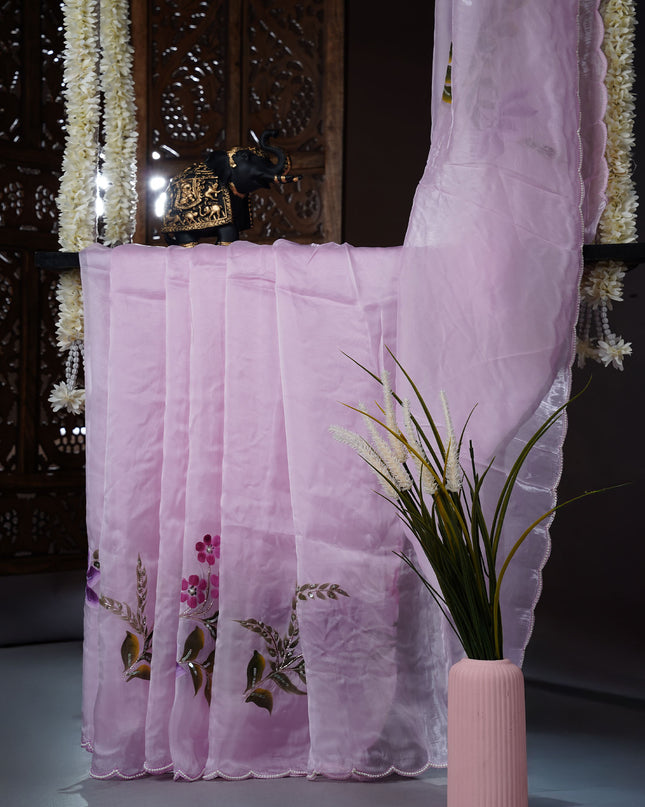 Italian Crape Saree with floral print and Kardana  Pearl Work With Scallop Border - Baby Pink