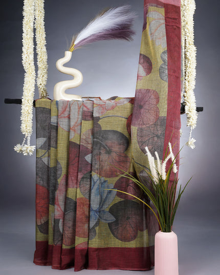 Lotus Cotton Saree With Floral Print And Contrast Border - Mahindhi