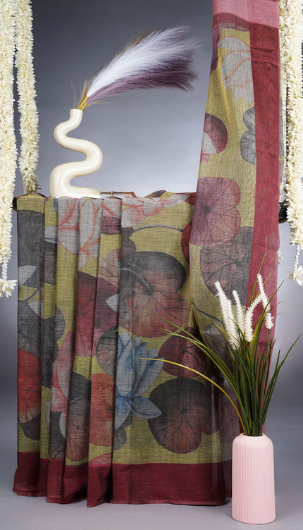 Lotus Cotton Saree With Floral Print And Contrast Border - Mahindhi