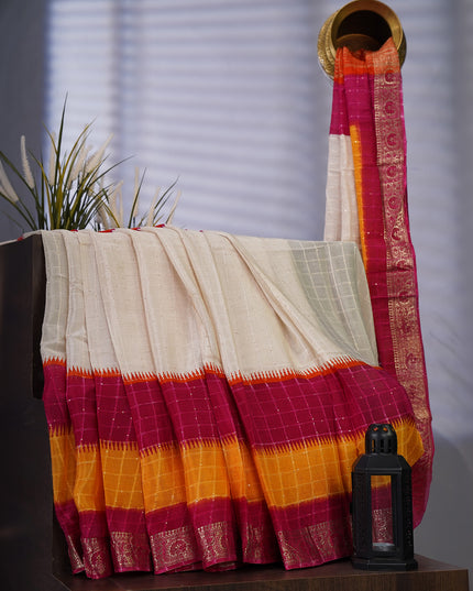 Chinon Silk Saree with Self Checks Dual Color & Zari Border - Multicolor