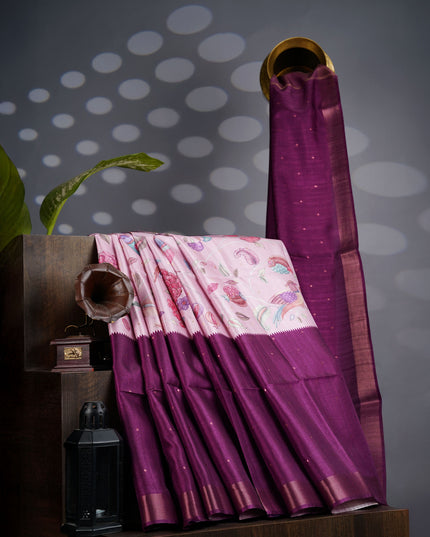 Tusser Silk Saree Floral Print with Contrast Border- Light Pink