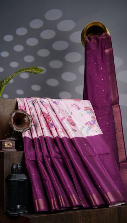 Tusser Silk Saree Floral Print with Contrast Border- Light Pink