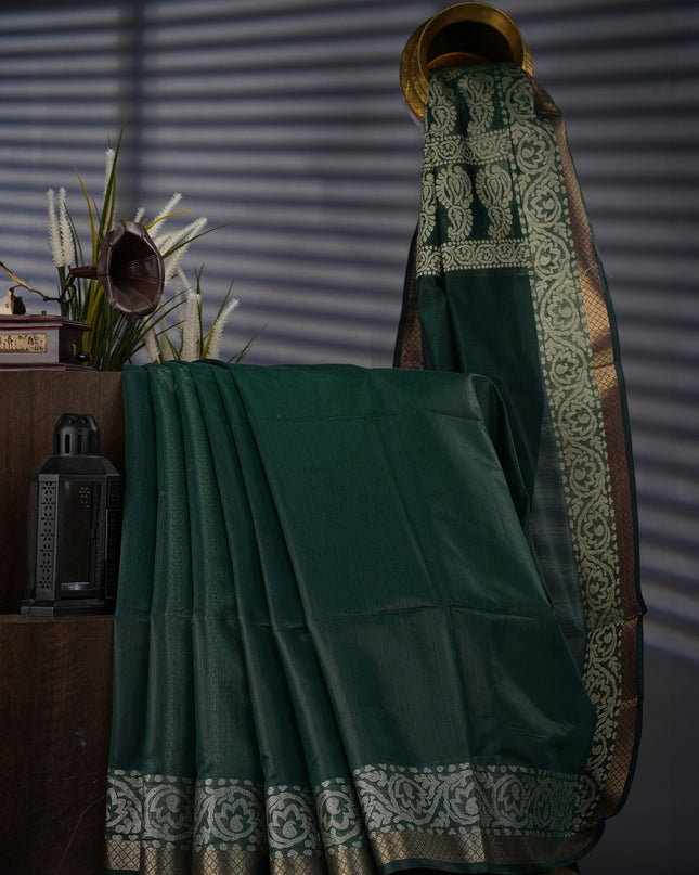 Chanderi Silk with Thread Weaving and Golden Border- Green