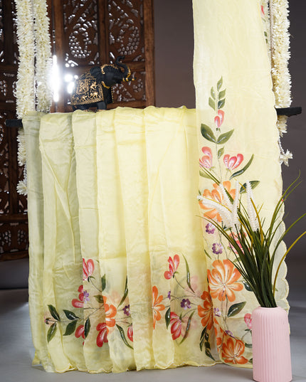 Italian Crape Saree with Floral Print and Kardhana Pearl Work with Scallop Border- Light Yellow