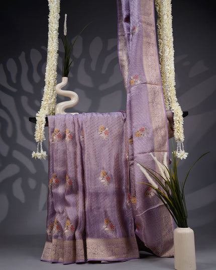 Tissue Banarasi Silk Saree with Meena Kari Butties and Gold Zari Border- Lavender