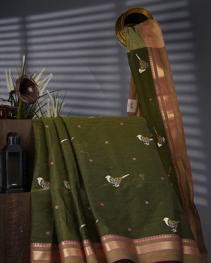 Handloom Cotton Thread Embroidery Butties And Gold Border - Olive Green