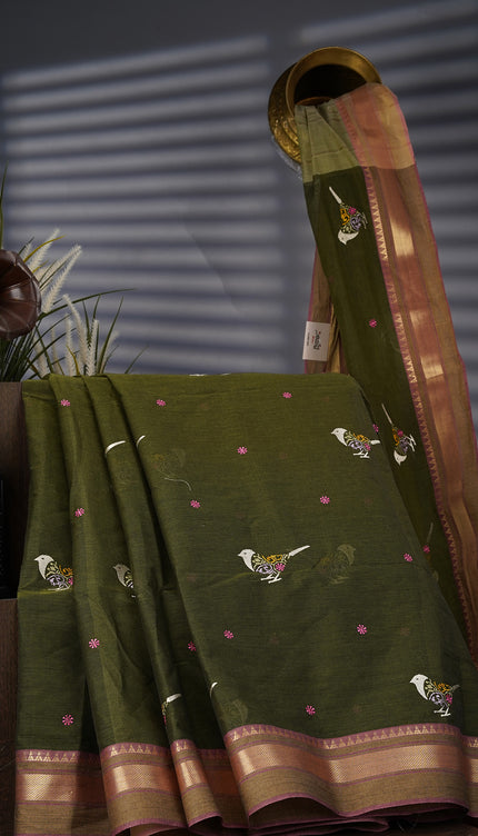 Handloom Cotton Thread Embroidery Butties And Gold Border - Olive Green