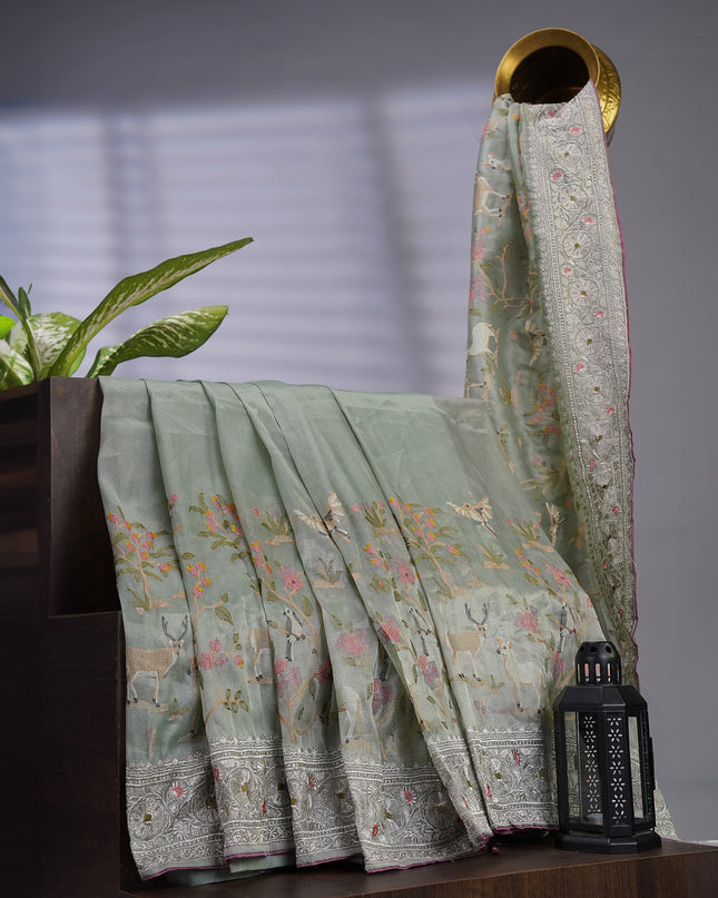 Tissue Soft Organza Silk with Zari & Thread Embroidery, Pichwai design - Sage Green