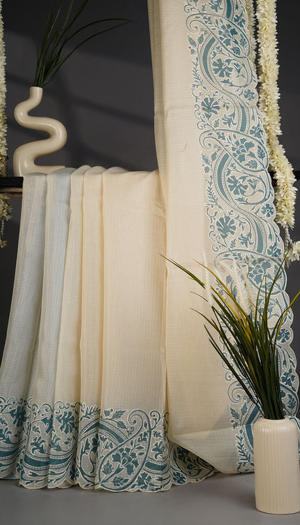 Silk Kota Saree with Paisley Design Border- C Teal