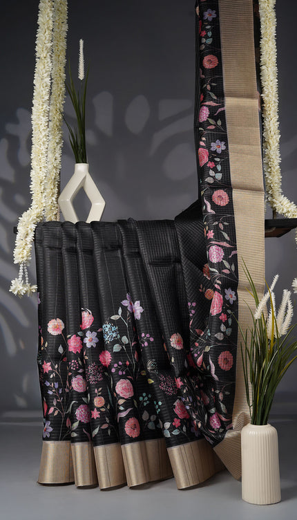Tussar Silk Saree with Floral Print and Contrast Border- Black