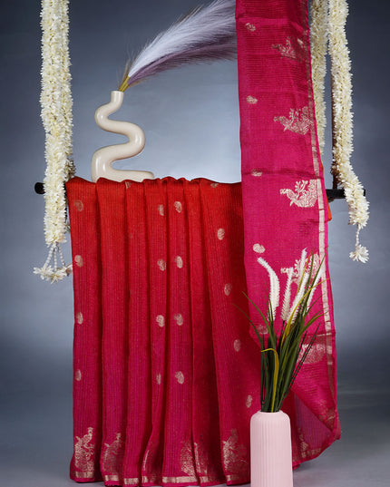 Dual Shade Chinon Saree With Gold Butties With All Over Gold Zari Waving -  Orange & Pink