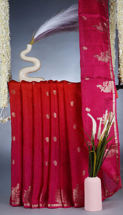 Dual Shade Chinon Saree With Gold Butties With All Over Gold Zari Waving -  Orange & Pink