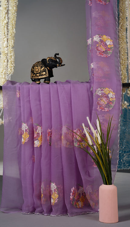 Soft organza saree with thread  Embroidery butties and scallop border With sequence work - Lavender
