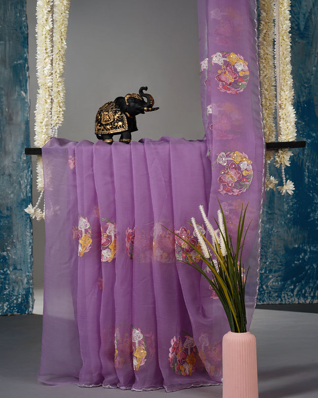 Soft organza saree with thread  Embroidery butties and scallop border With sequence work - Lavender