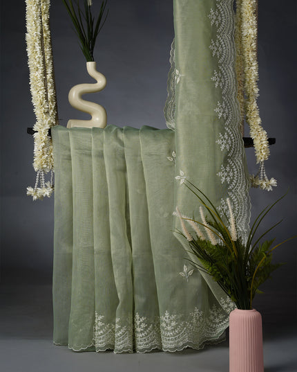 Tissue Lenin Saree and Scallop Border and Pearl Work- Sea Green