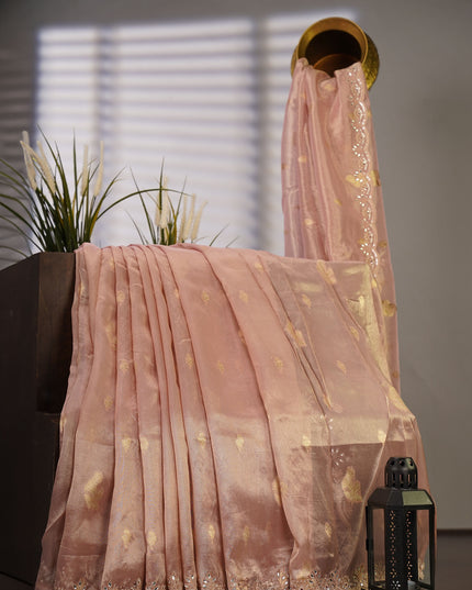 Tissue Organza Banaras Buttis Scallop Border Zardoise Stone Work - Peach