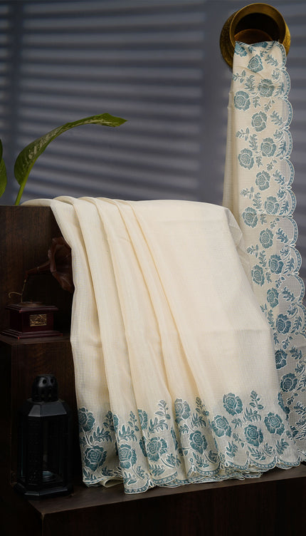 Kota Silk Saree with Thread Embroidery With Scallop Border - Cream & Teal
