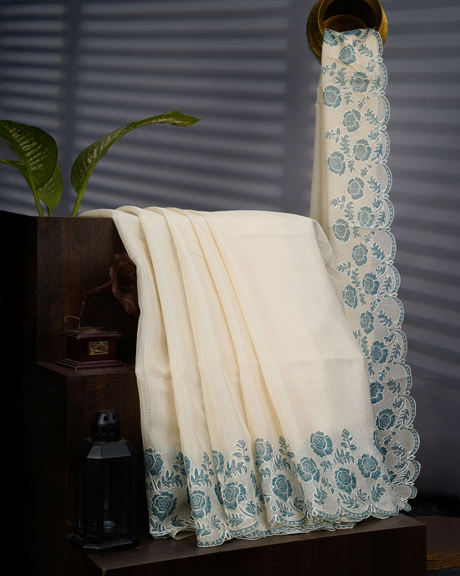 Kota Silk Saree with Thread Embroidery With Scallop Border - Cream & Teal