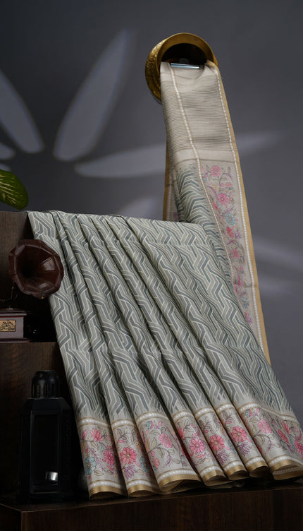 Tusser Silk Saree with Floral Print Border- Sage Green