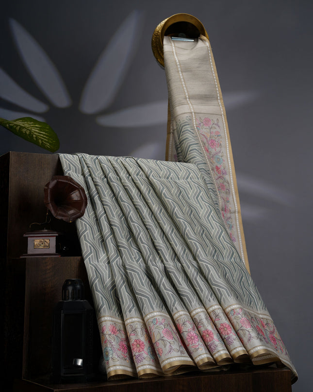 Tusser Silk Saree with Floral Print Border- Sage Green