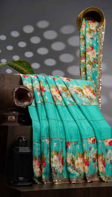 Crepe Saree With Floral Print Scallop Border Kardhana Sequence Work - Sea Green